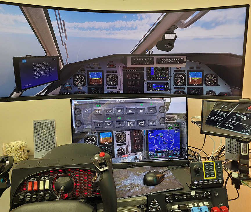 Our Multi Finction Simulator employs X-Plane and touch screens to train on various platforms. Shown here is the Pilatus PC-12 Legacy model